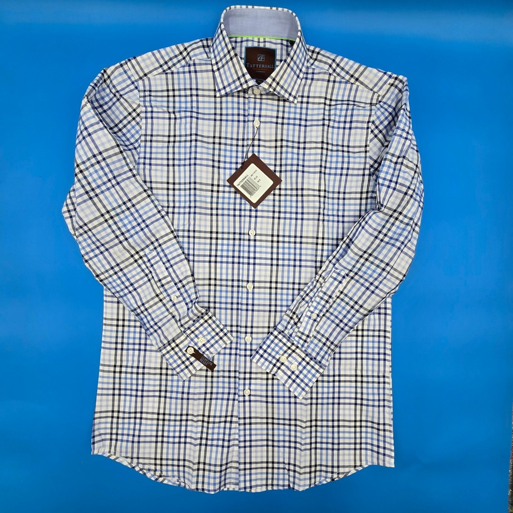 Tattersall London Mens Dress Shirt 15.5 34/35 Blue Plaid Cotton Convertible Cuff
